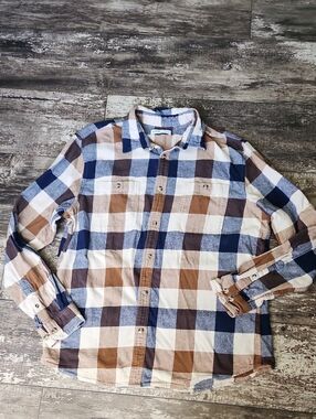 Sonoma Blue, Brown & Beige Plaid Button-Down Shirt Size-Large